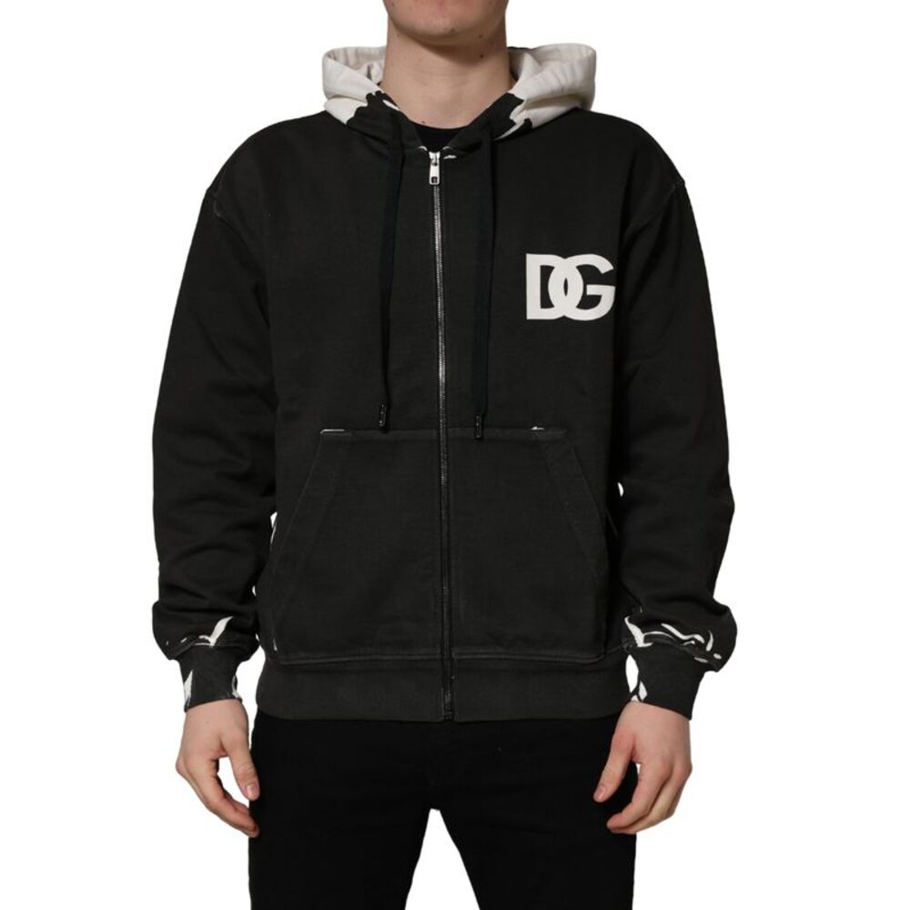 Dolce & Gabbana Black Cotton Logo Hooded Full Zip Men's Sweater